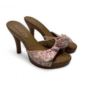 Y2K high heels brown pink & white  with repeating pink logo pattern EGO size 5